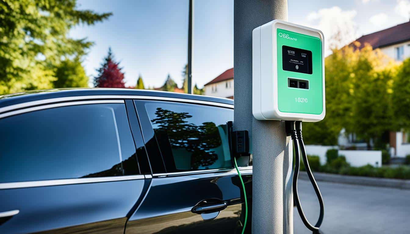 Wallbox neben einem geparkten Elektroauto in einer Einfahrt